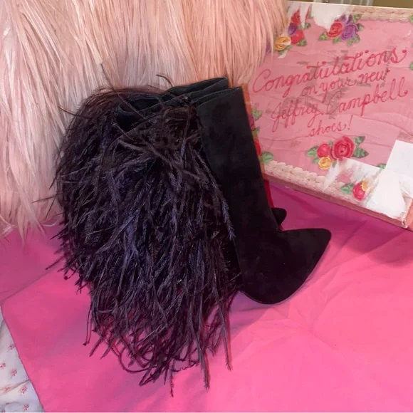 Jeffrey Campbell Ostrich feather leather suede Vain stiletto boots highheels 7.5 - Picture 7 of 13